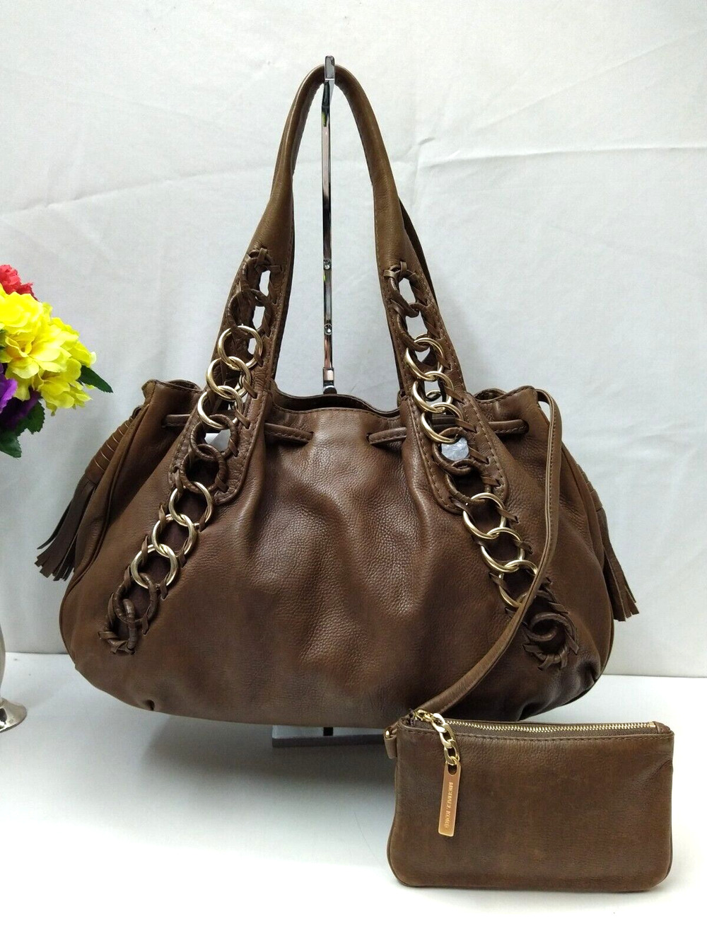 Michael Kors Brown Leather Tassel Double Handles Shoulder Bag W/ Wallet